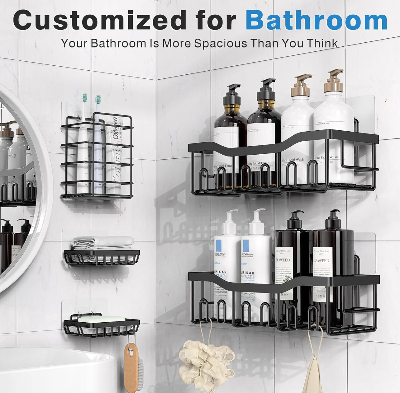 Adhesive Shower Caddy, 5 Pack Rustproof Stainless Steel Bath Organizers With Large Capacity, No Drilling Shelves for Bathroom Storage & Home Decor