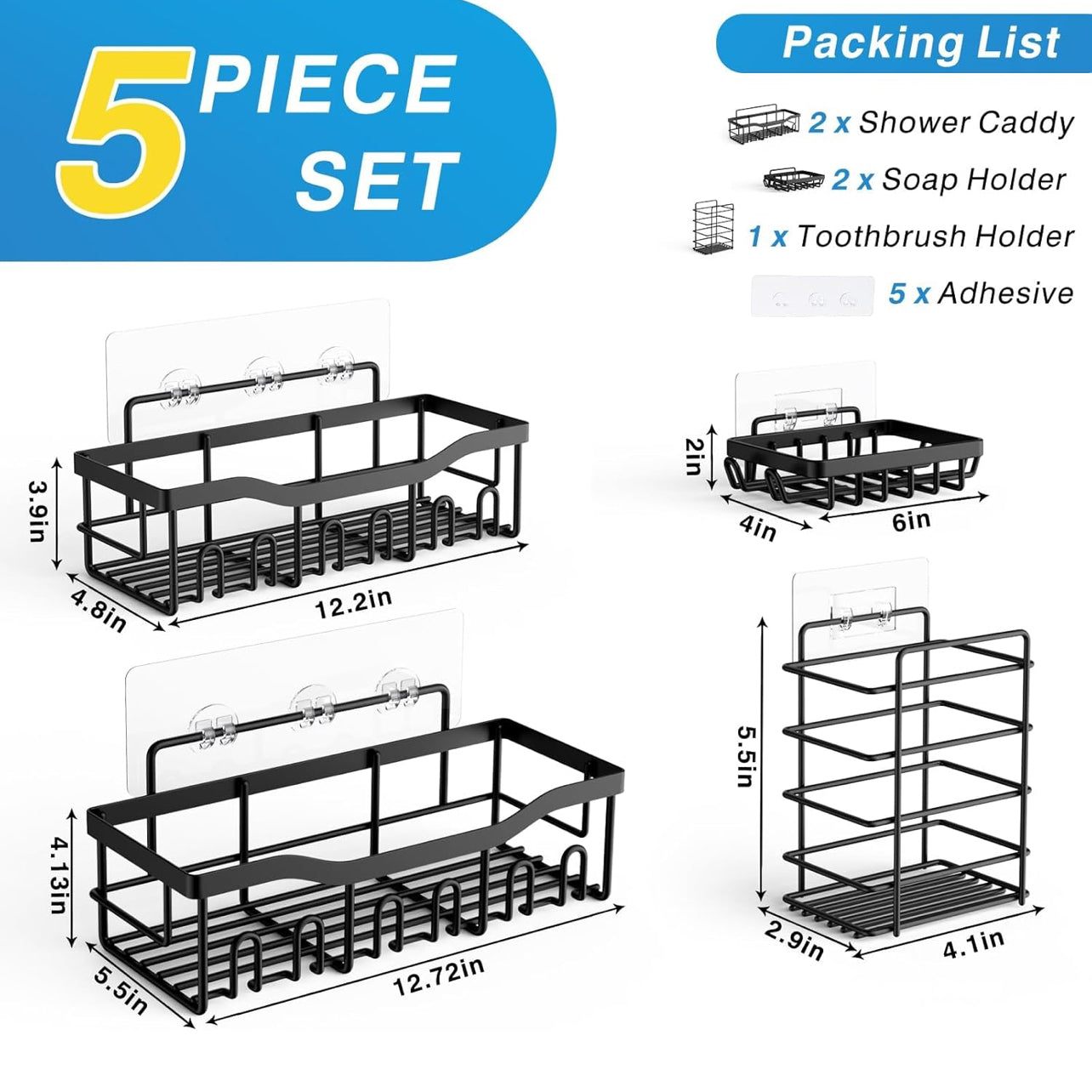 Adhesive Shower Caddy, 5 Pack Rustproof Stainless Steel Bath Organizers With Large Capacity, No Drilling Shelves for Bathroom Storage & Home Decor