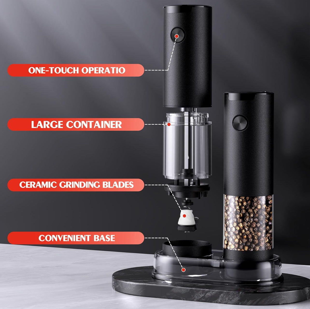 Electric Salt and Pepper Grinder Set Automatic Battery Pepper Mill Shakers Adjustable Coarseness Upgraded Larger Capacity with Led