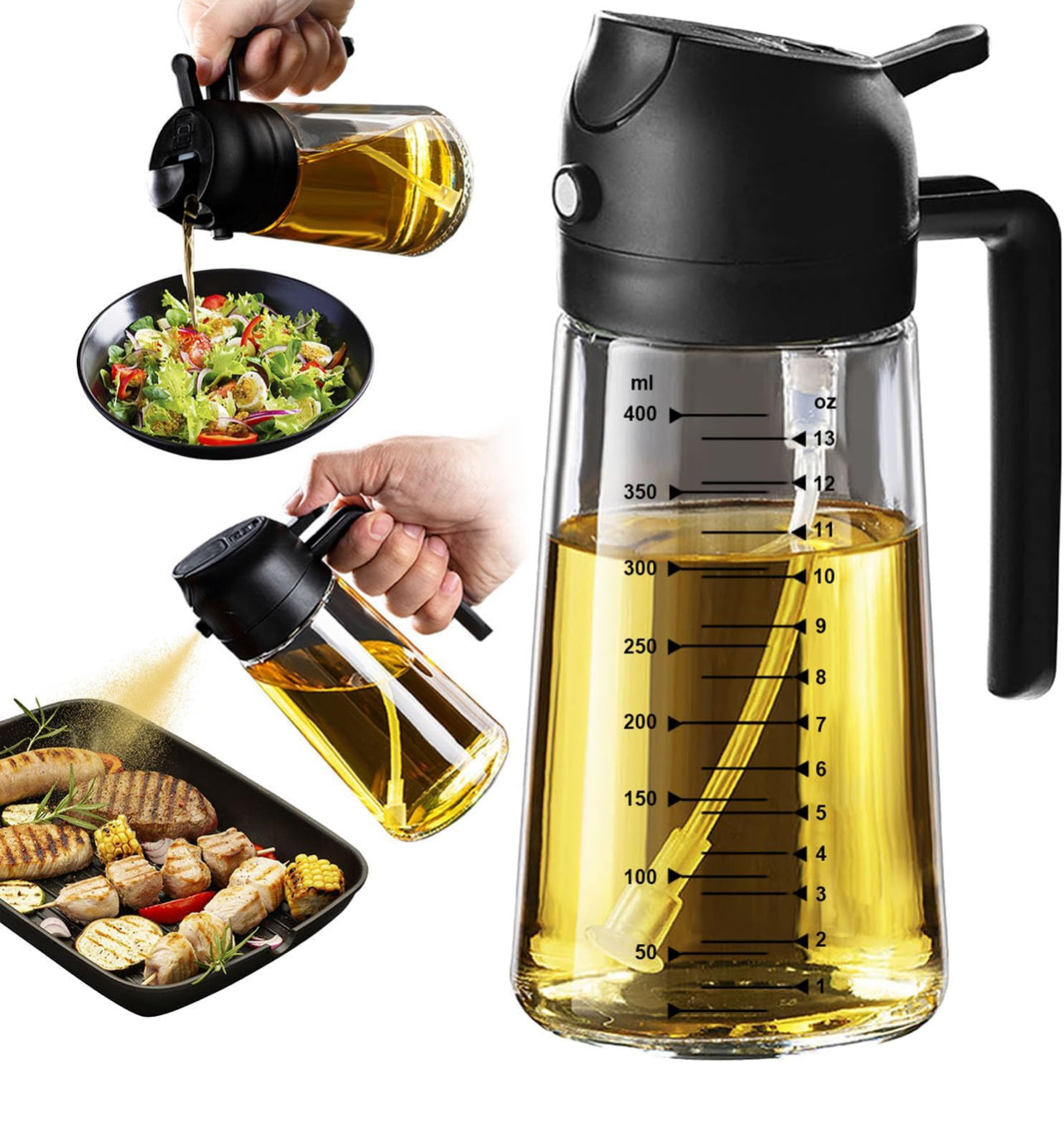 Glass Olive Oil Sprayer 16oz/470ml – 2 in 1 Olive Oil Dispenser Bottle for Kitchen Gadgets and Air Fryer Accessories, Salad, BBQ - Black