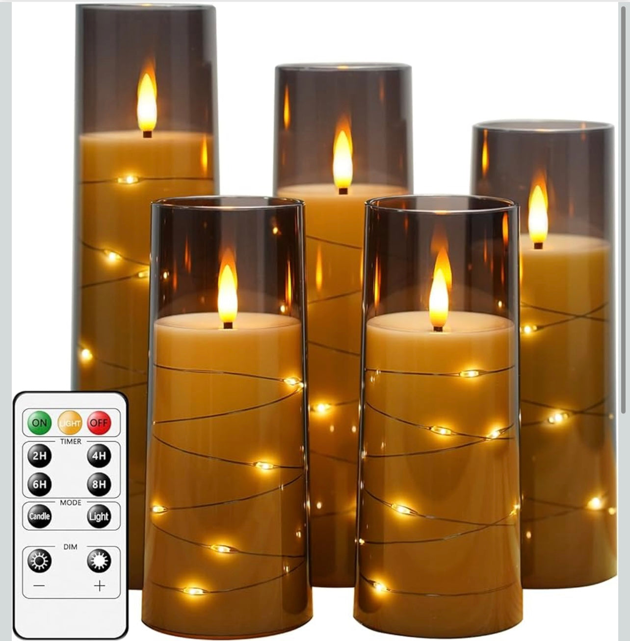 Flameless LED Candles with Timer 5 Pc Flickering Flameless Candles for Romantic Ambiance and Home Decoration Stable Acrylic Shell,with Embedded Star String，Battery Operated Candles（Grey）