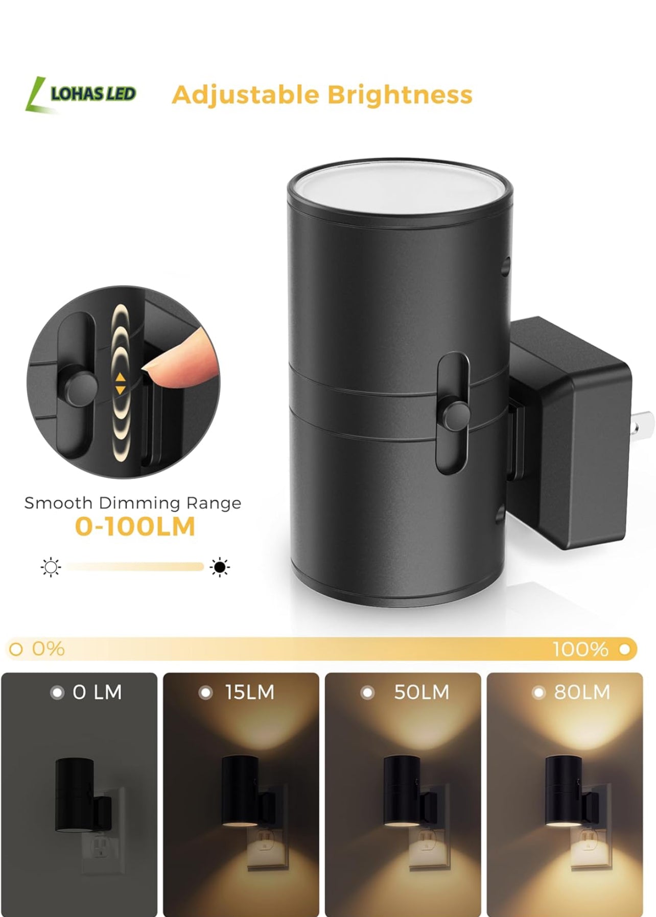 2 LED Night Light Plug in, Modern Night Lights Plug into Wall, Dusk to Dawn Sensor, 0-100LM Adjustable Brightness, Dimmable Night Lights for Hallway Bedroom Stairway