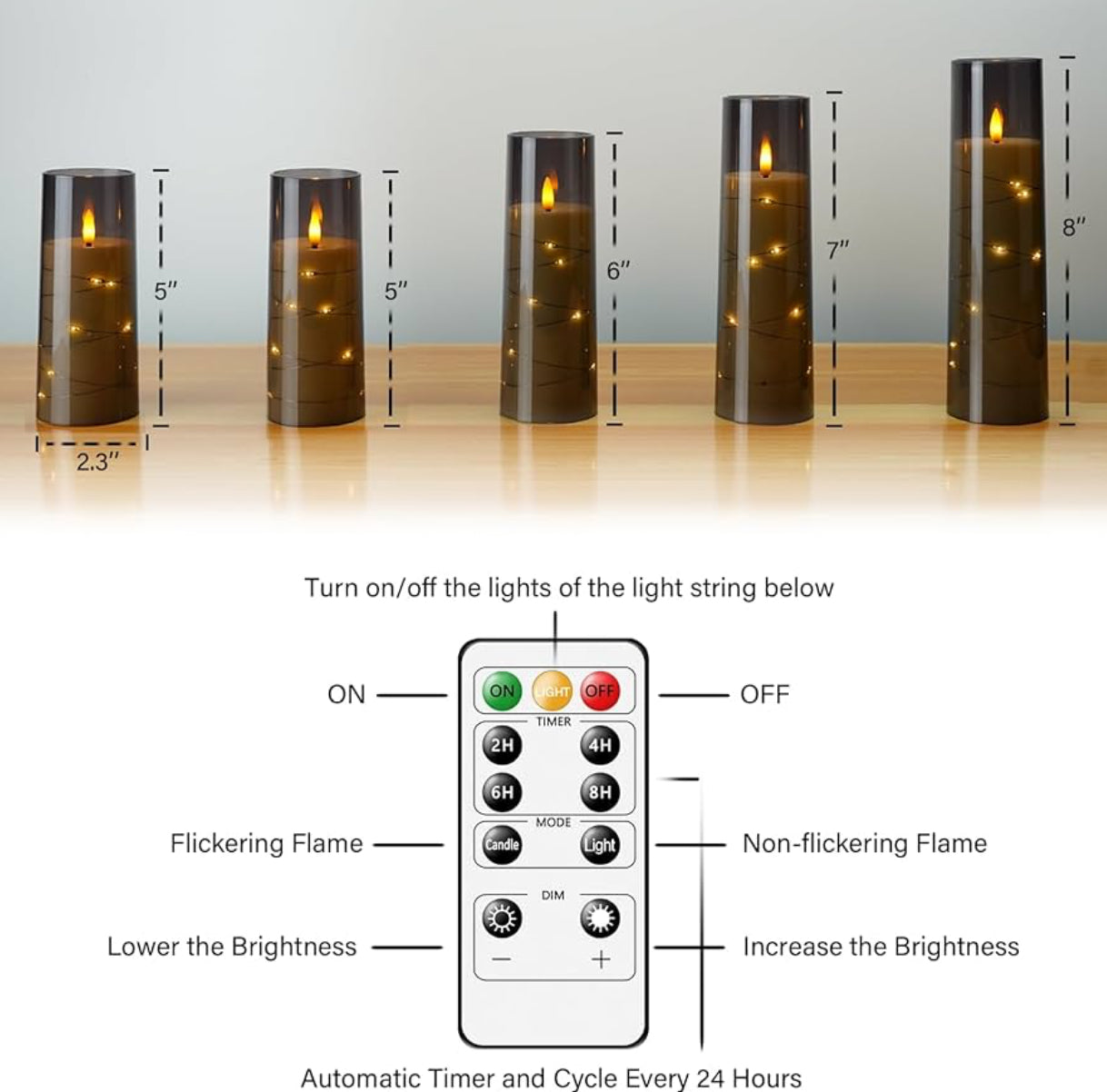 Flameless LED Candles with Timer 5 Pc Flickering Flameless Candles for Romantic Ambiance and Home Decoration Stable Acrylic Shell,with Embedded Star String，Battery Operated Candles（Grey）