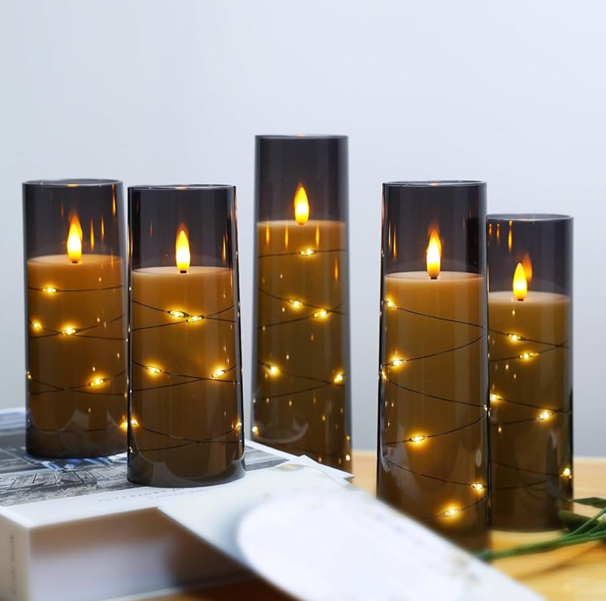 Flameless LED Candles with Timer 5 Pc Flickering Flameless Candles for Romantic Ambiance and Home Decoration Stable Acrylic Shell,with Embedded Star String，Battery Operated Candles（Grey）